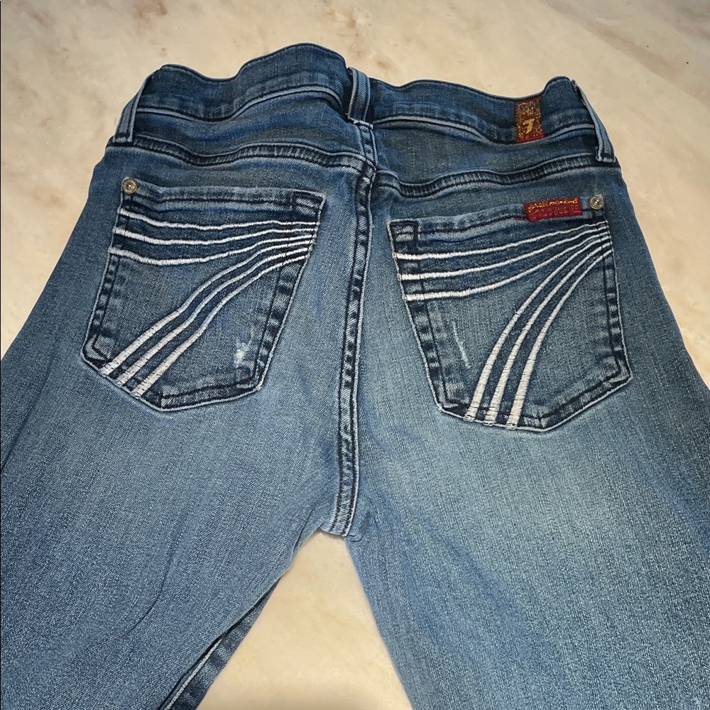 7 For All Mankind Dojo Blue Flared Jeans with White Embroidered Back Pockets